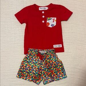 Red Kids Matching Set with Colorful Shorts